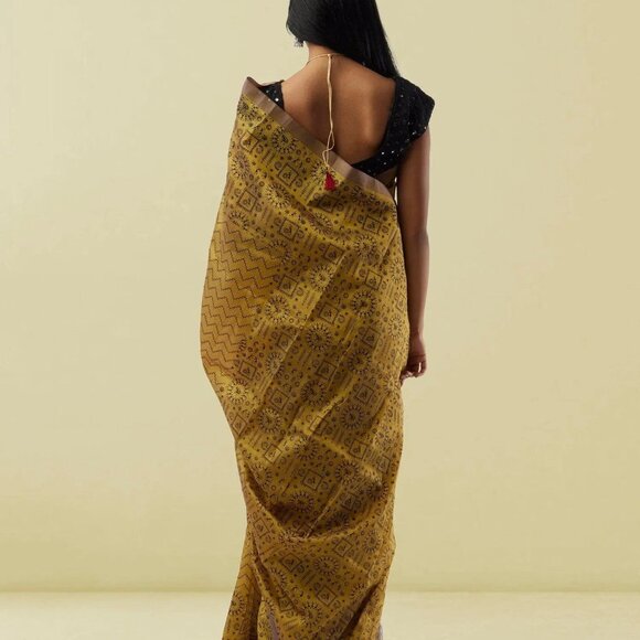 Mustard Yellow & Black Mangalagiri Silk Saree | Muvvas Boutique - Picture 5 of 5